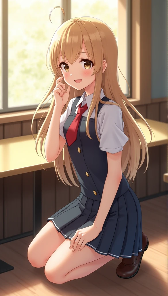 masterpiece, perfect lighting, hmmisaki, 1girl, long hair, symbol-shaped pupils, +_+, sexy, attractive, small breasts, tokiwadai school uniform, sweater vest, short sleeves, white gloves, elbow gloves, pleated skirt, white thighhighs, <lora:shokuhou_misaki_v2:0.4>, light smile