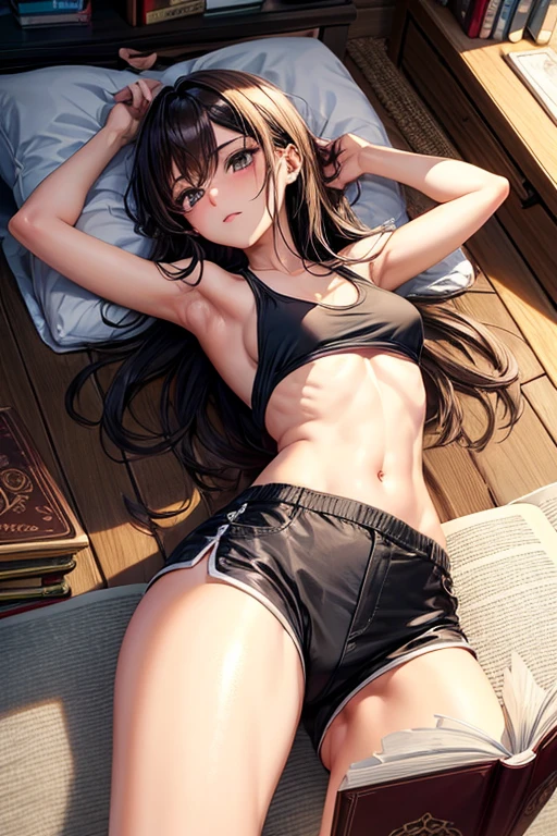 Draw a female character with long black hair reaching her waist and light brown eyes. Thin with small breasts and a big, perky butt. Character is lying on the living room carpet reading a magic book wearing black shorts and a black tank top. Lying on her back reading a magic book. from above view. lightbrown eyes. Sexy slim body with a big and delicious ass. lightbrown eyes.