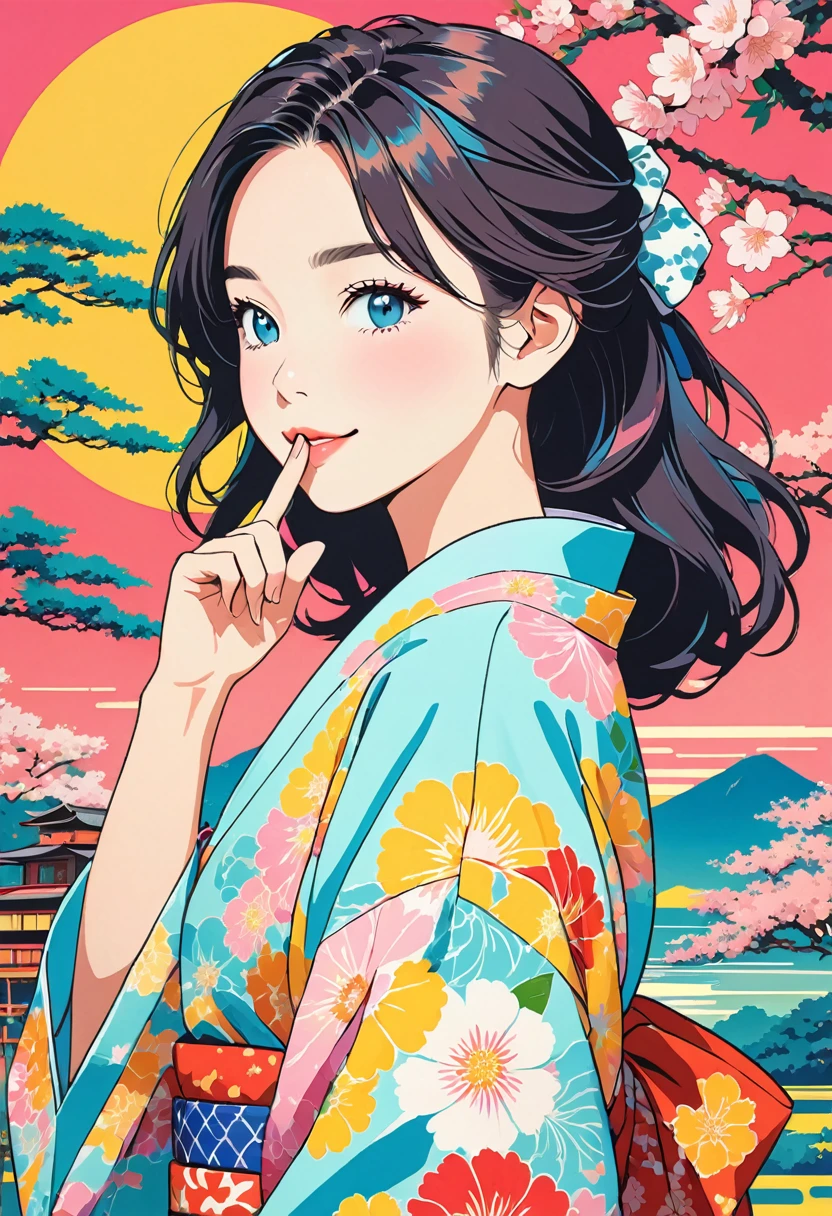(masterpiece, best quality:1.1), (ultra highres, ultra-detailed:1.2),pop-art,(pastel color,flatcolor),girl doing hush pose,(colorful yukata),(index finger to her mouth),she has one eye closed,wink,(blink:1.2),natsumatsuri background,japanese summer festival,minimal design,BREAK 15yo,american cutie,