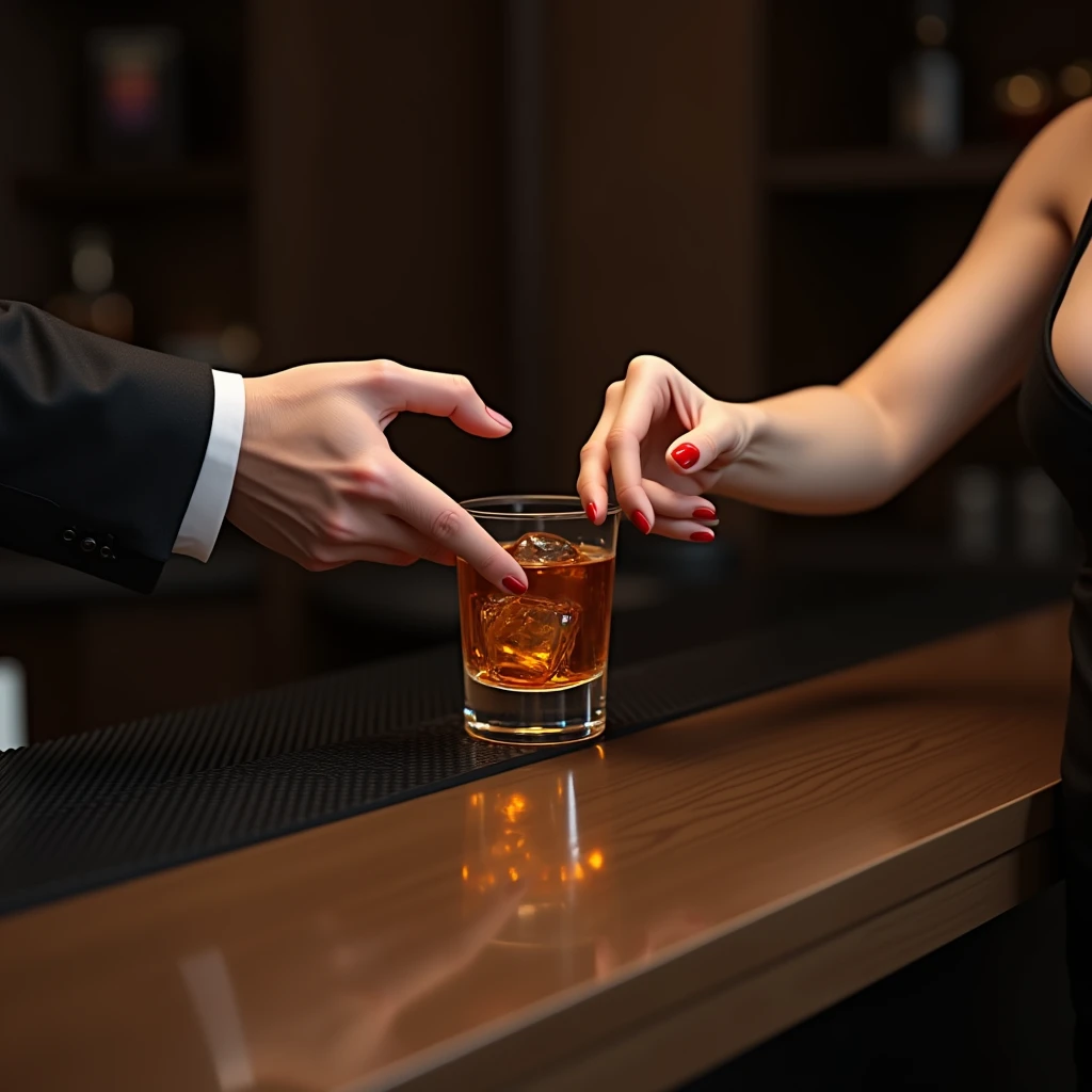 Bar counter, man's hand in a suit, female bartender's hand handing over a rock glass, female bartender's bare arm