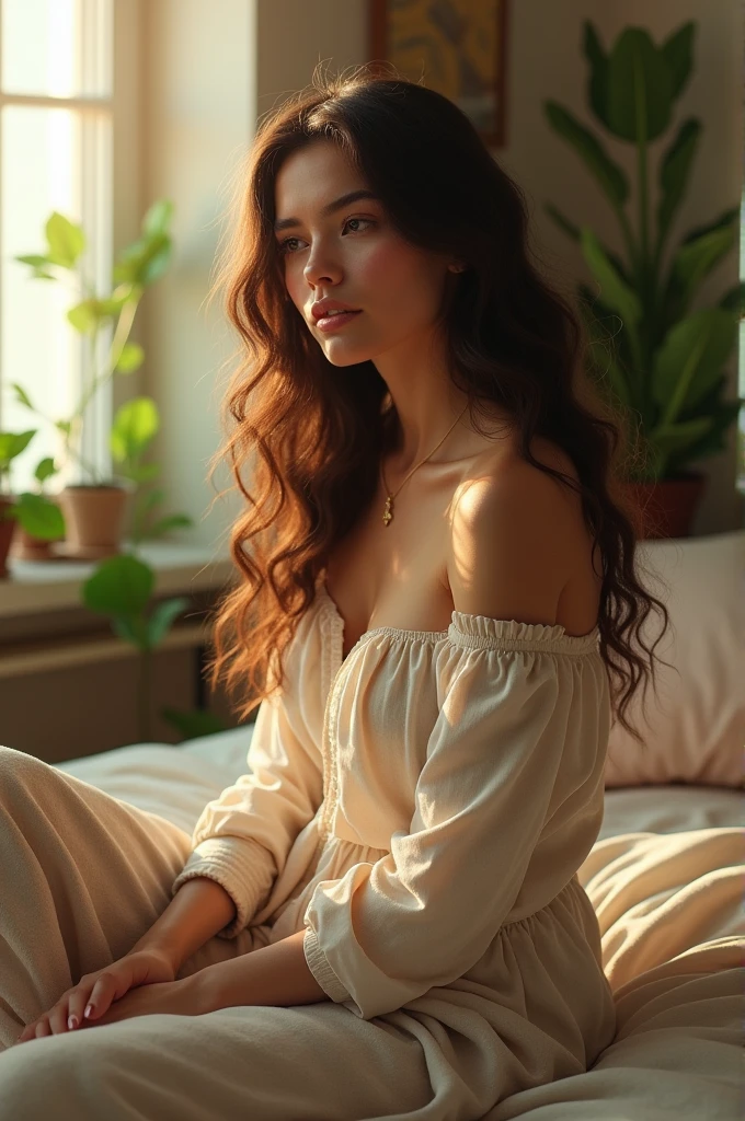 (photorealism:1.2), beautiful woman, sitting on bed, wearing loose off-shoulder top, pajama pants, long curly hair, indoors, soft lighting, plants in background, window with sunlight, cozy room, relaxed pose, realistic, intricate details, warm colors, by Greg Rutkowski, by Alphonse Mucha