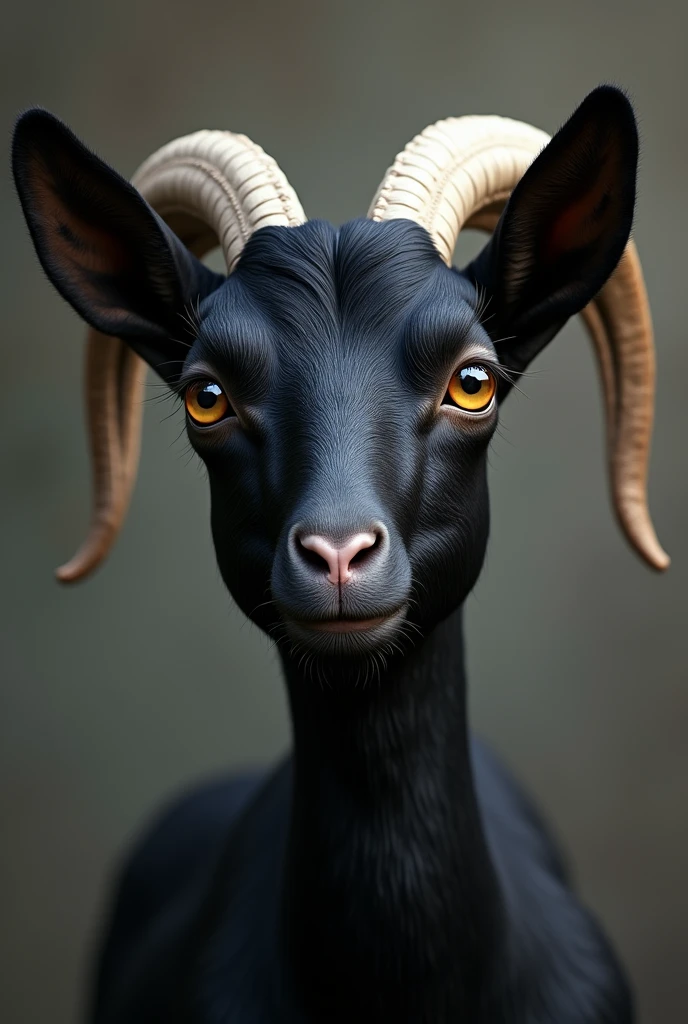 A beautiful, detailed portrait of an anthropomorphized female black goat, close-up bust shot, exquisite detail, delicate beauty facial features, large expressive beauty eyes, detailed white goat nose and lips, detailed white goat ears, detailed white goat horns, elegant and graceful, soft fur texture, natural lighting, muted color palette, serene and tranquil atmosphere, realistic, photorealistic, masterpiece, high resolution, best quality