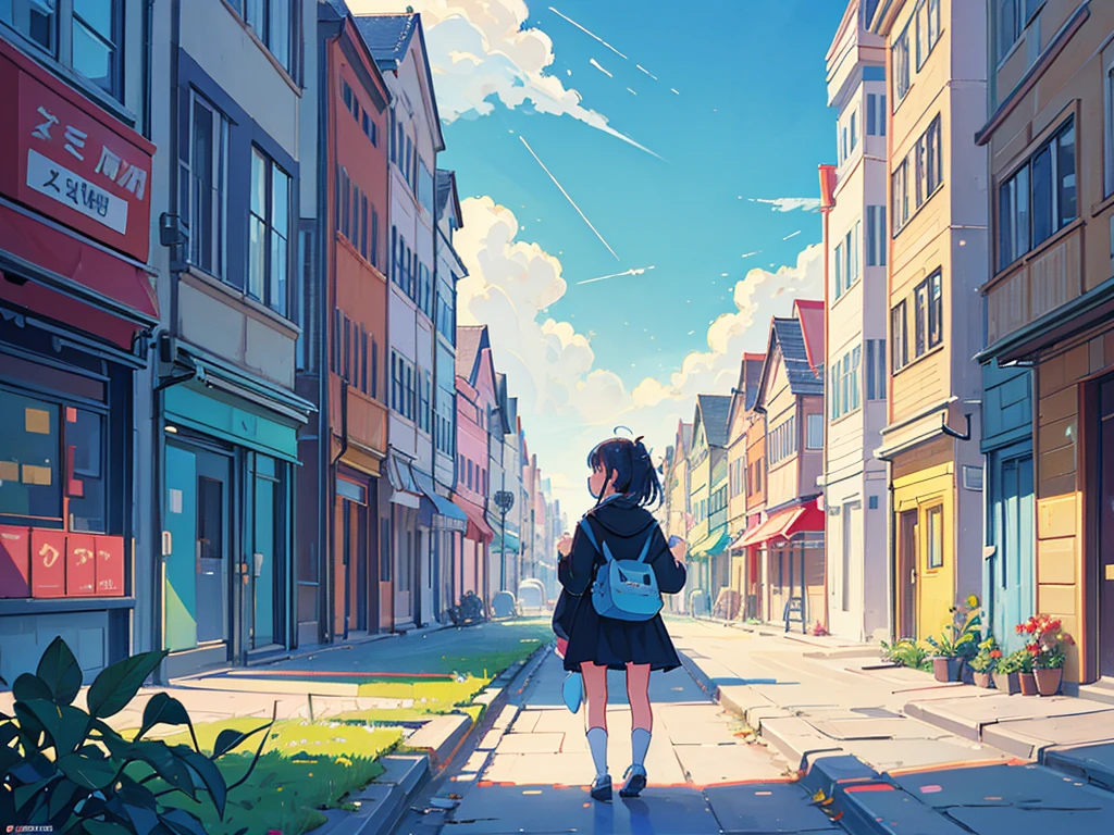 pixel, flat illustration,  town, landscape, cute, no humans, viewer facing the buildings, kawaii