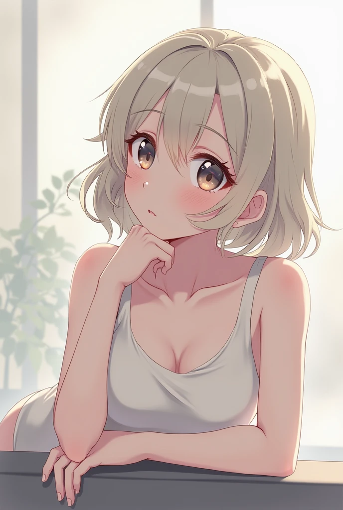 (masterpiece, best quality, 8K:1.4), (a kawaii , natural face:1.5) (lying and sleeping on the bed:1.3), (off the shoulder, see-through casual tanktop:1.5), white glowing skin, (perfect closed eyes, embarrassed with blush cheeks:1.2), (glamorous body, light beige medium hair:1.3), cozy room interior, room lighting, centered composition