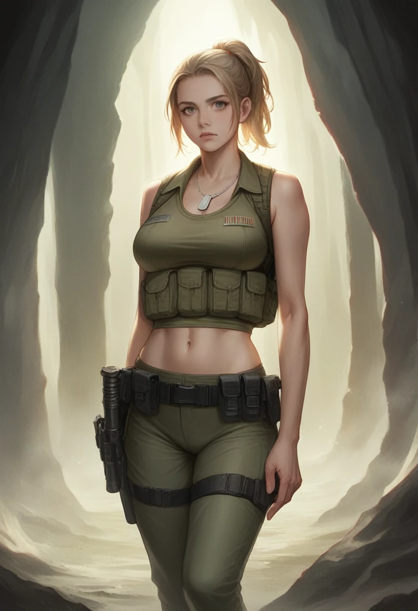 a woman with light blond ponytail,tactical military vest,navel,dog tag,tight pants,large breasts,late twenties age,in a cave,highly detailed,photorealistic,realistic skin,extremely detailed,8k,hyper detailed,intricate details,sharp focus,cinematic lighting,moody atmosphere,dramatic lighting,cinematic composition,award winning photograph