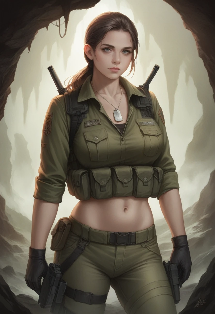 a woman with light blond ponytail,tactical military vest,navel,dog tag,tight pants,large breasts,late twenties age,in a cave,highly detailed,photorealistic,realistic skin,extremely detailed,8k,hyper detailed,intricate details,sharp focus,cinematic lighting,moody atmosphere,dramatic lighting,cinematic composition,award winning photograph
