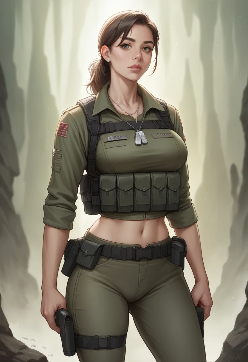 a woman with light blond ponytail,tactical military vest,navel,dog tag,tight pants,large breasts,late twenties age,in a cave,highly detailed,photorealistic,realistic skin,extremely detailed,8k,hyper detailed,intricate details,sharp focus,cinematic lighting,moody atmosphere,dramatic lighting,cinematic composition,award winning photograph
