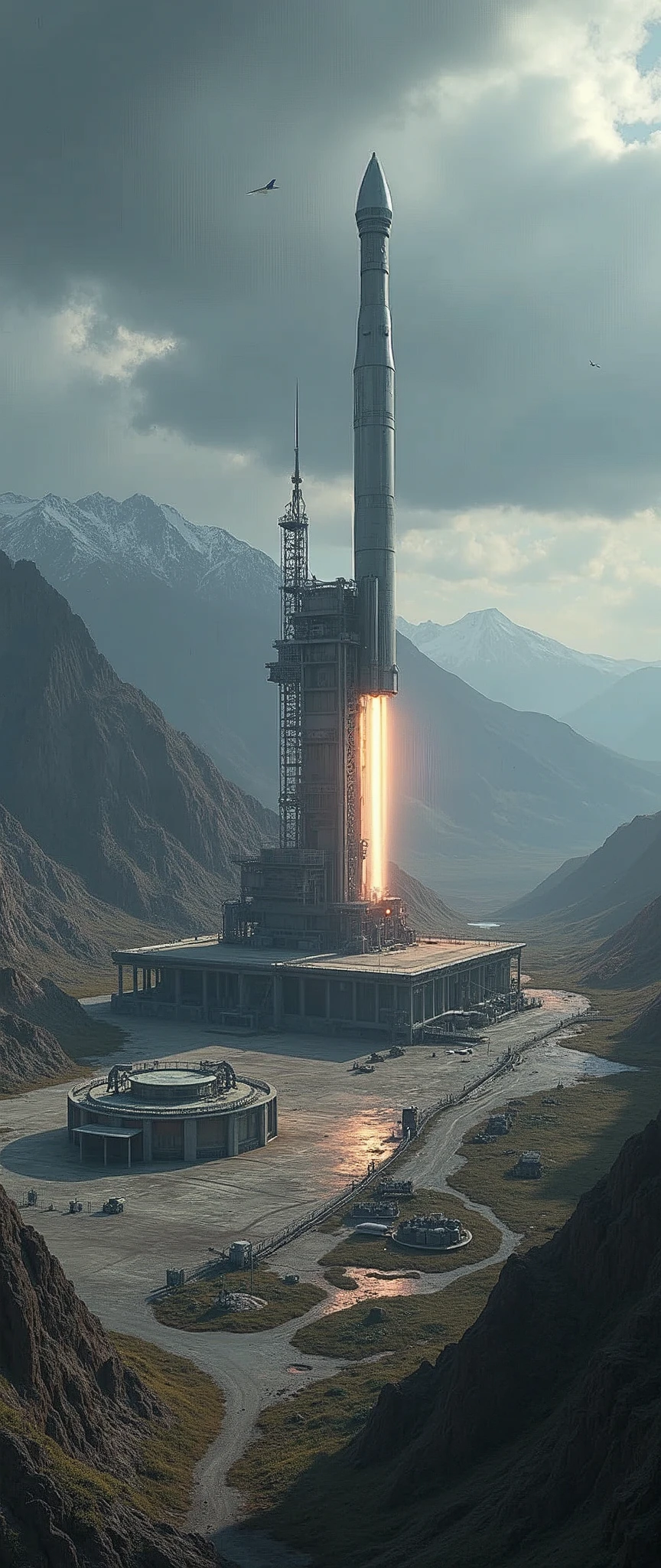 High quality detailed illustration of a long range ballistic missile launch site、Super detailed、8k、Photorealistic、Military facilities、Concrete launch pad、Missile Silo、Control Tower、Radar antenna、Camouflage Net、Rugged mountainous terrain、Stormy cloudy sky、Gritty industrial atmosphere、weapons technology、Strategic importance、National security