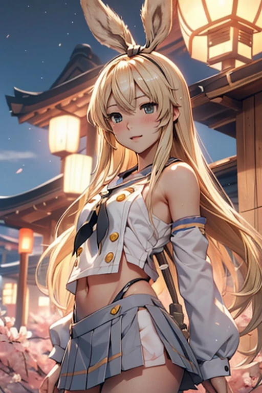 (masterpiece), best quality, expressive eyes, perfect face, shimakaze, 1girl, alone, (masterpiece), best quality, expressive eyes, perfect face, looking at viewer, full body , walking at night in a field with blooming sakura and japanese lanterns, happiness, shimakaze, shimakaze_kantaicollection, hairband, blonde_hair,long_hair, shimakaze's outfit with ((nano skirt, no panties)), shower pussy