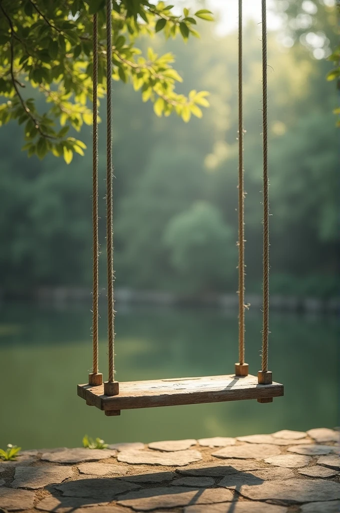 एक खाली झूला, हवा में झूल रहा है, जैसे कोई बैठा हो"