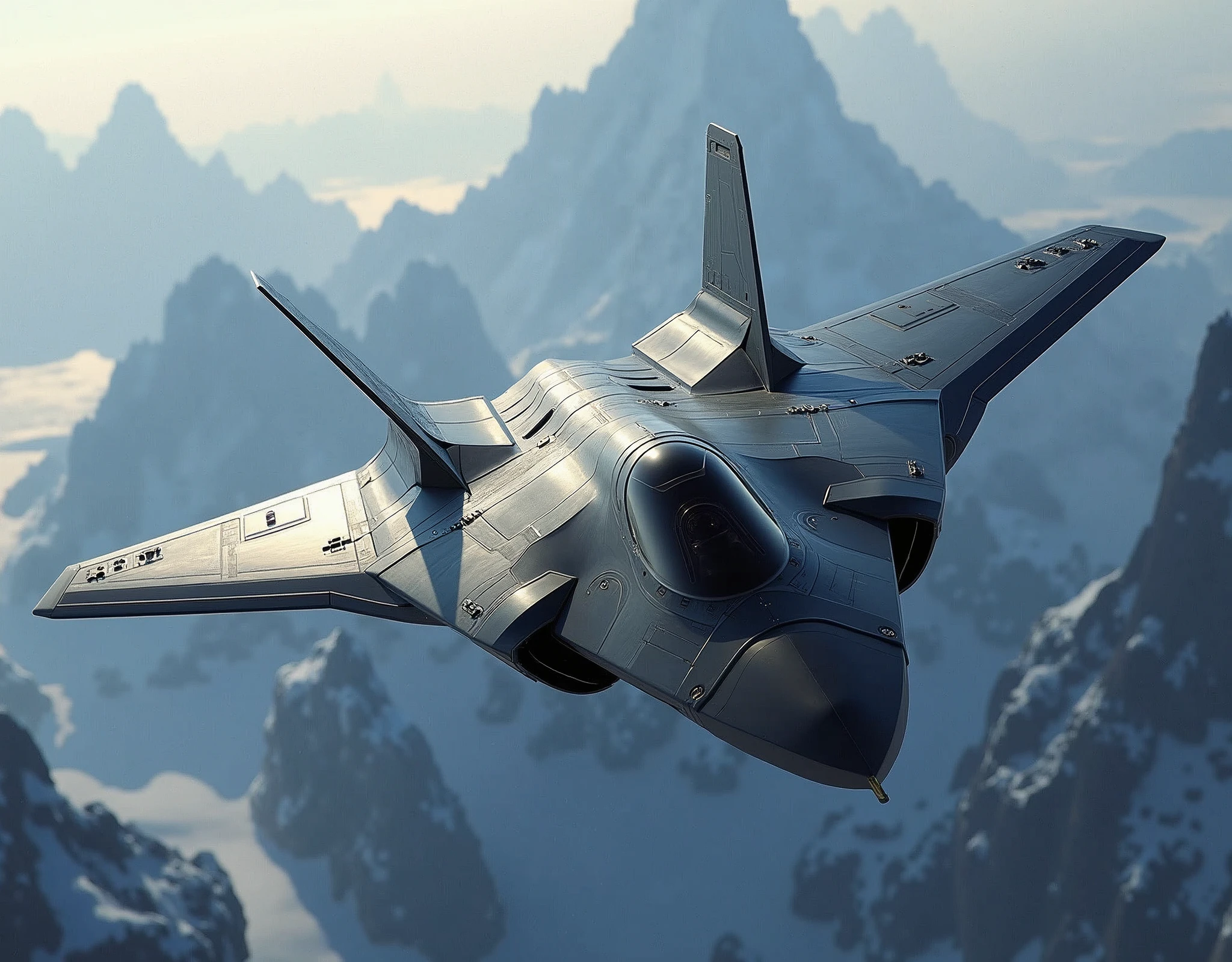 a highly detailed and realistic stealth fighter jet soaring through the sky, ultra-detailed aircraft with precision engineering, intricate paneling and rivets, complex engine exhaust, sleek and stealthy design, flying over a dramatic landscape with craggy mountains, powerful and imposing presence, incredible sense of speed and motion, cinematic lighting and atmosphere, masterfully rendered in a photorealistic style, 4k, 8k, extremely detailed description