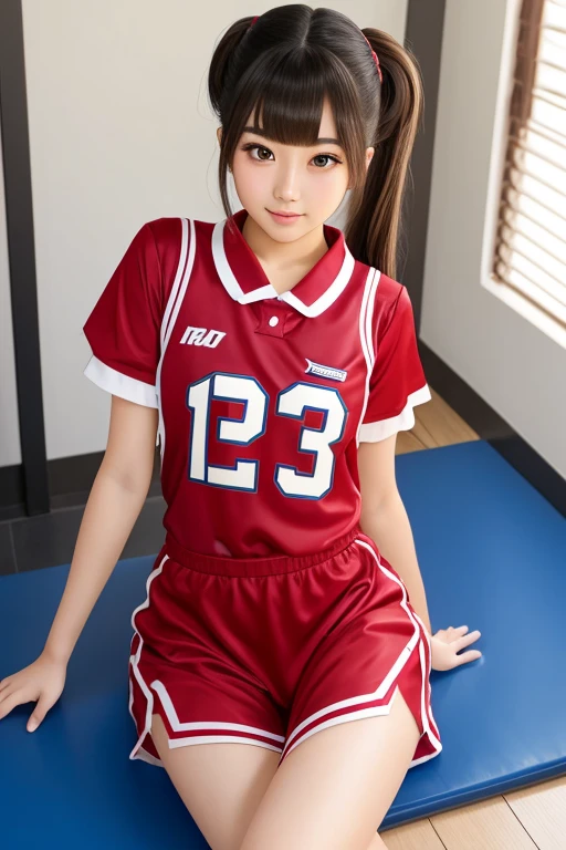 Satsuki Momoi cosplay from "Kuroko no basket", sexy pose, spread legs, bedroom