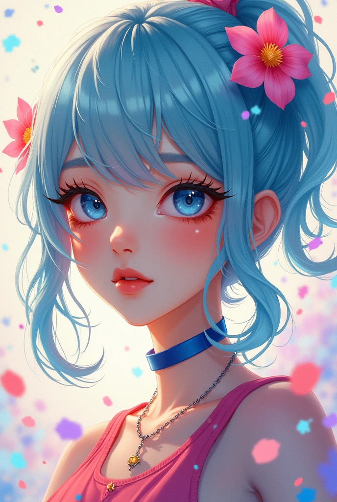 (master part), (best quality), (ultra detaild),(disheveledhair),(illustration), (1girl), (Trendy clothes), Standing, model fashion, Looking at Viewer, (interview), (simple background),beautiful detailed eyes, delicate beautiful face, floating,(high saturation),(colorful splashing),colorful bubble,(shining), facefocus, pony-tail, kamisato ayaka, light blue hair, bangss, hair ring, floating flowers, floating hairs, (shining), best ilumination, best shade,