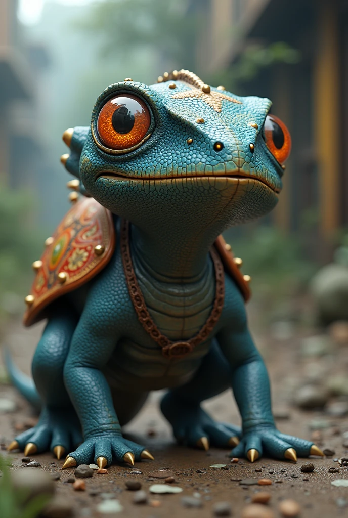 En photo réalisme. Dans l'univers du jeu vidéo Fallout 3. A mix between a Flayer and a Chameleon. It's a mount. Il marche à quattre pattes et a une belle selle sur le dos mais pas de cavalier. he is two meters tall he is fast and agile.
Il a des yeux globuleux, des dents pointues mais reste très mignon.
Its scaly skin is dark blue and orange around the eyes with a few touches of gold. It is very beautiful
