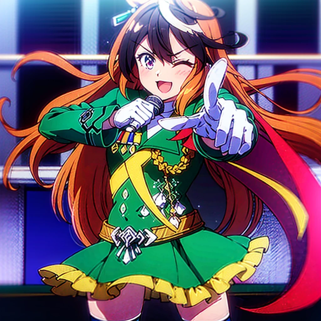 (masterpiece:1.3),(highest quality:1.4),(Super detailed:1.5),8k,High resolution,(an extremely delicate and beautiful:1.8),Official Art,Perfect Anatomy,(90s anime,90s anime style,Cel-shaded anime:1.17),(anime screencap,anime coloring:1.5),hmsymbo, 1girl, animal ears, streaked hair, horse tail, white gloves, black thighhighs, white ascot, red cape, single epaulette, long sleeves, green jacket, frills, medal, jewelry, green skirt, buttons,((ai's pose:1.37)), 1girl, solo, smile, open mouth, one eye closed, star (symbol), pointing,(microphone:1.1),