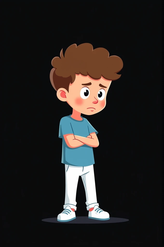 Black background,a cartoon boy,slim boy,wearing white pant,blue shirt,white shoe,bored face