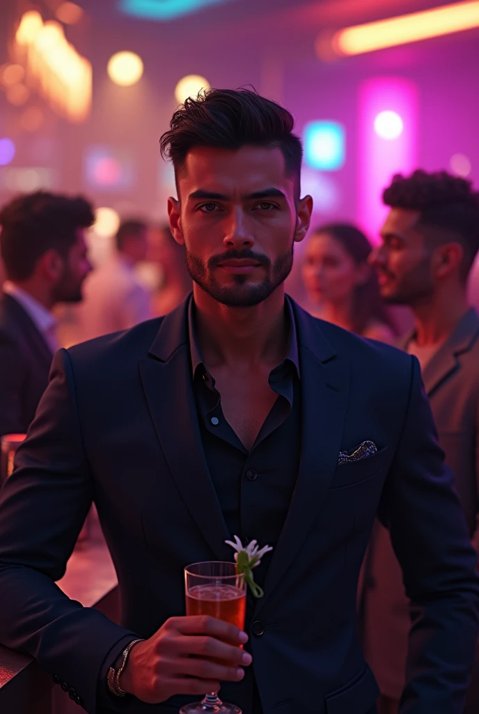 Handsome guy dont has beard at night club with his friends and drink some alcohol, look at me.