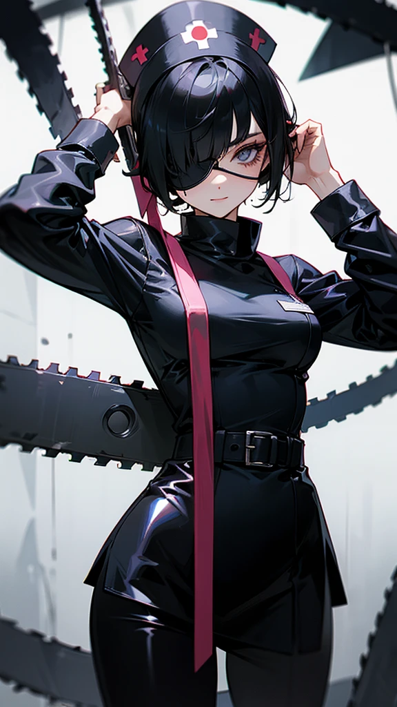 Beautiful woman wearing latex nurse uniform(20th Generation)He has an eyepatch over one eye, short black hair, and one of his elbows is a chainsaw.