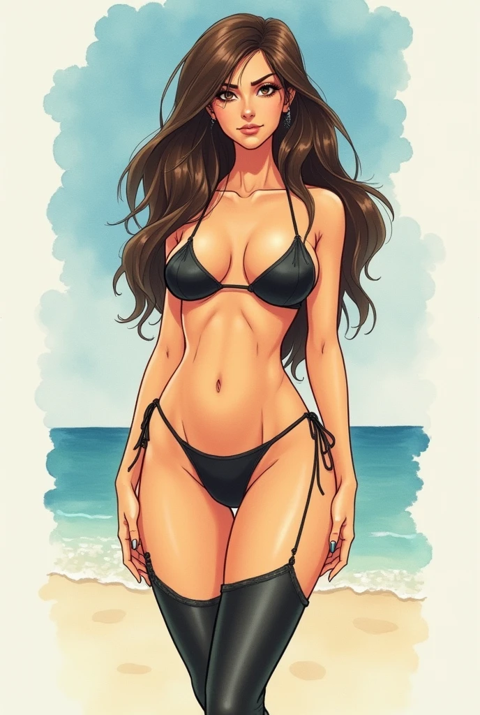Watercolour, 1980s anime, latina, milf, female elf, mature face, black eyeliner, pelvic curtain, thighhighs, skindentation, curvy, cleavage_cutout, sleeveless, dominant, standing, looking at viewer, brown hair, brown eyes beach
