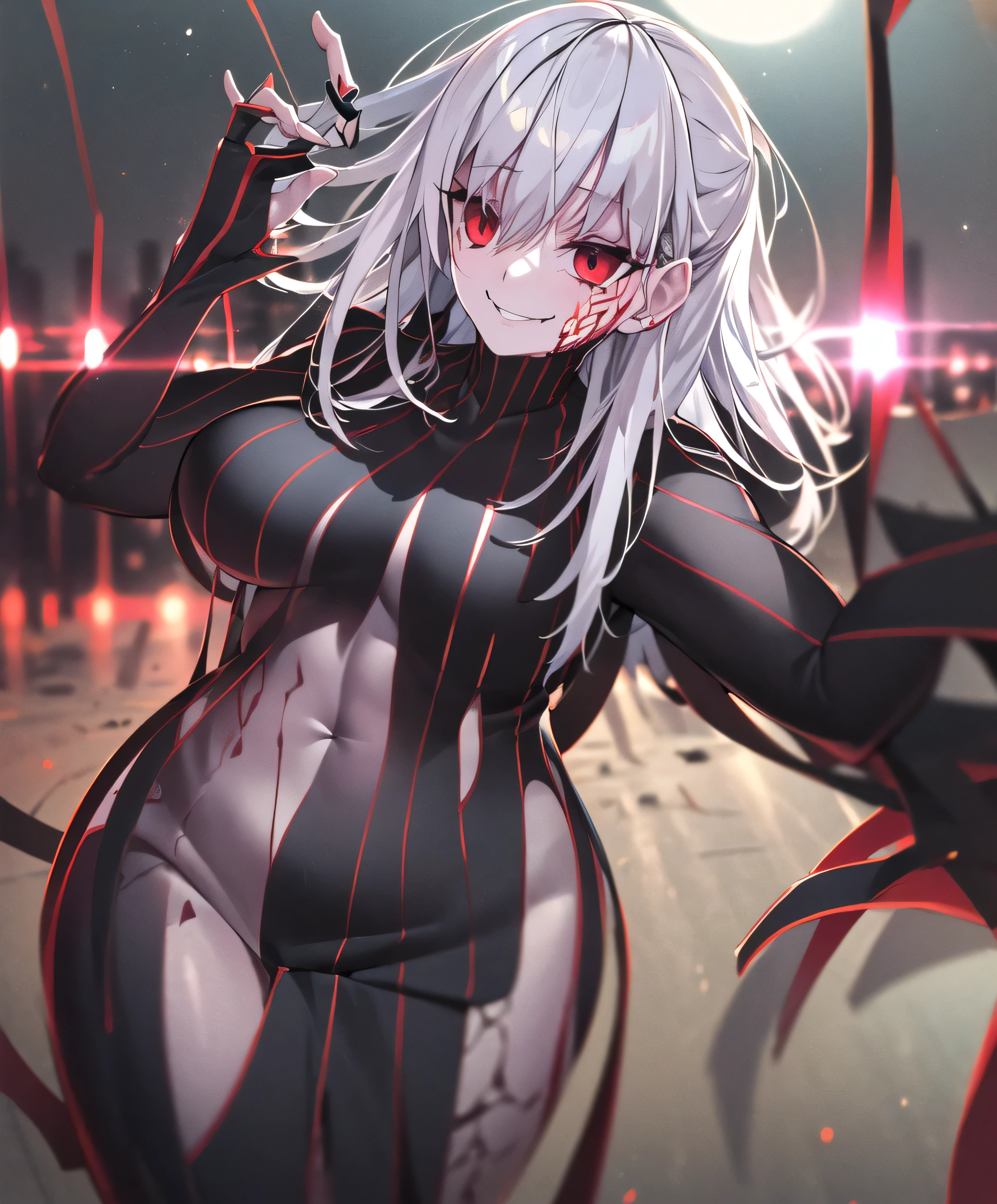 ((masterpiece,Highest quality, detailed)), One girl, alone,
Outdoor, night, Cityscape, Portraiture, Cowboy Shot, Dark Sakura, smile, Hair Ribbon, Hollow Eyes, Plug Suit, Bodysuits, black Bodysuits, Pause, Fits perfectly to the skin, Striped, cyber punk, Put your finger to your mouth, Body pattern,evil smile,