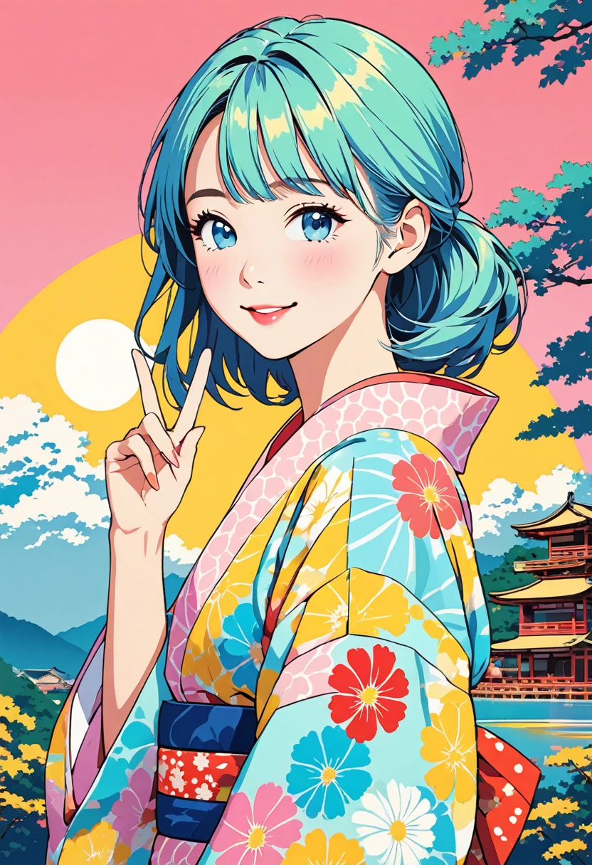 (masterpiece, best quality:1.1), (ultra highres, ultra-detailed:1.2),pop-art,(pastel color,flatcolor),girl doing hush pose,(colorful yukata),(v-sign to her mouth),she has one eye closed,wink,(blink:1.2),natsumatsuri background,japanese summer festival,minimal design,BREAK 15yo,american cutie,