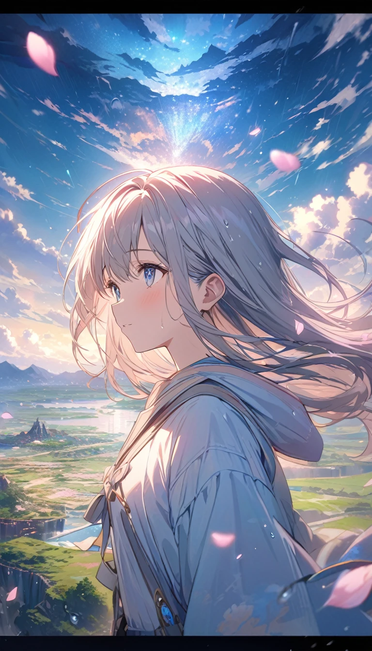 Highest quality,4K,8k,High resolution,masterpiece:1.2,Very detailed,(Ultra-fine painting:1.1),(Sharp focus:1.1),,(Very detailed説明:1.1),(Professional:1.1),Vibrant colors,Bokeh,Portraiture,landscape,anime,Weathering With You,Fantasy World,Magical atmosphere,Fantastic lighting,Soft pastel colors,魅惑的なlandscape,Floating Island,Sunlight shines through the clouds,Sparkling water surface,Windblown Hair,Detailed clouds and sky,Expressive eyes,Stars shining in the background,Cherry blossoms blooming in the sky,Falling petals,Beautiful raindrops,Air filled with misty rain,Dynamic Perspective,Calm emotions,Calm mood