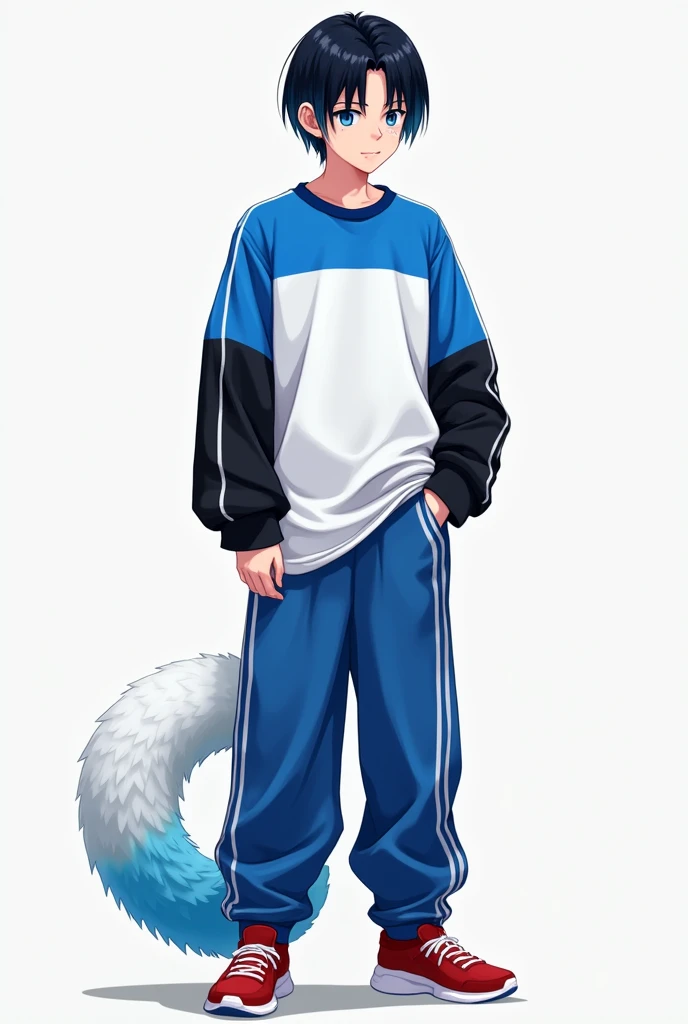 He has hair that is black and indigo。He has straight short hair with no bangs。He has slightly upturned eyes and blue eyes。He is wearing a slightly loose jersey。The jersey is blue on the torso with white lines drawn symmetrically。There is a black line on the shoulder that changes to a white line on the sleeve。He has black sleeves。He is wearing a plain white T-shirt with a blue collar as an inner layer。The pants are jersey pants with white lines running from the waist to the hem。He wears red sneakers。He has a tear mole on his right eye。He is wearing a white to blue gradient soft animal-like tail accessory on his left hip。
