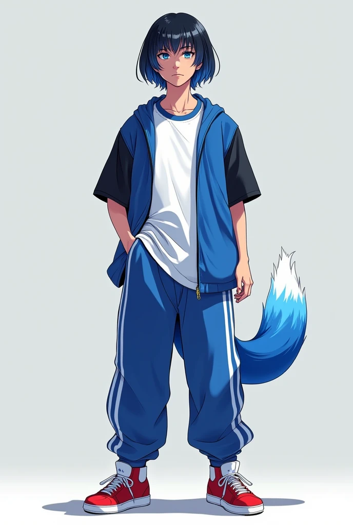 He has hair that is black and indigo。He has straight short hair with no bangs。He has slightly upturned eyes and blue eyes。He is wearing a slightly loose jersey。The jersey is blue on the torso with white lines drawn symmetrically。There is a black line on the shoulder that changes to a white line on the sleeve。He has black sleeves。He is wearing a plain white T-shirt with a blue collar as an inner layer。The pants are jersey pants with white lines running from the waist to the hem。He wears red sneakers。He has a tear mole on his right eye。He is wearing a white to blue gradient soft animal-like tail accessory on his left hip。