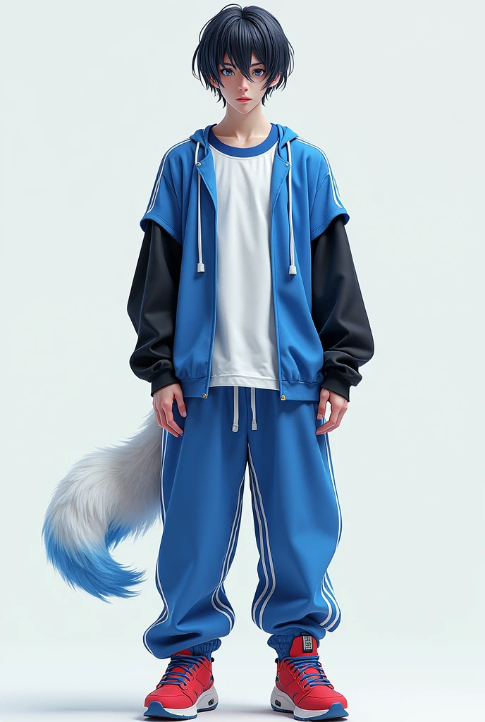 He has hair that is black and indigo。He has straight short hair with no bangs。He has slightly upturned eyes and blue eyes。He is wearing a slightly loose jersey。The jersey is blue on the torso with white lines drawn symmetrically。There is a black line on the shoulder that changes to a white line on the sleeve。He has black sleeves。He is wearing a plain white T-shirt with a blue collar as an inner layer。The pants are jersey pants with white lines running from the waist to the hem。He wears red sneakers。He has a tear mole on his right eye。He is wearing a white to blue gradient soft animal-like tail accessory on his left hip。