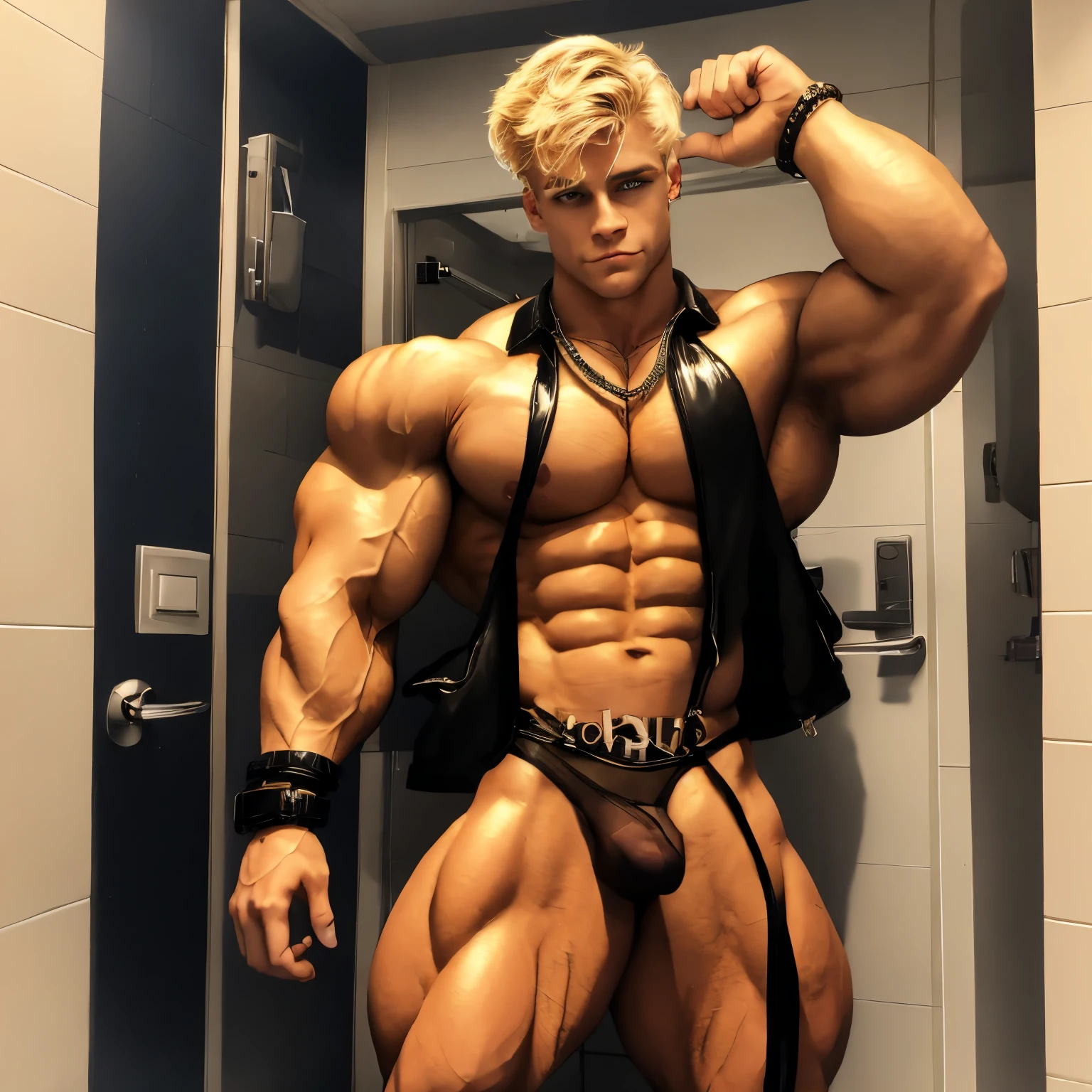full view full body, one handsome 18 yo blonde boy with clean shaved undercut haircut, golden necklaces, bracelets, rings, , massive, swollen muscles, bodybuilder posing in black transparent PVC biker jacket, tight black transparent PVS tigh pants, latex black transparnt sheer socks, in locker room, the showers are visible in the back