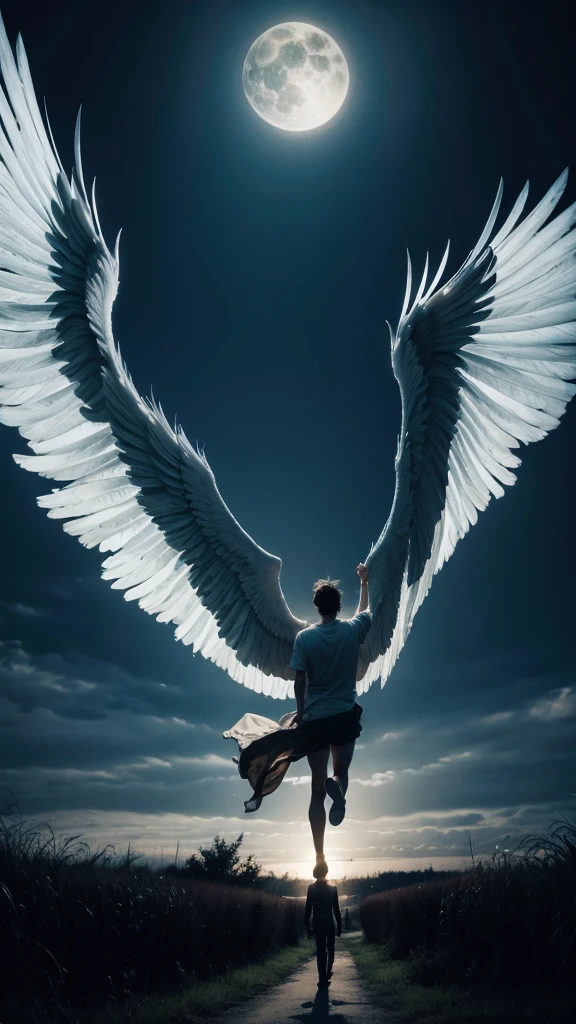 make an image of an angel falling from heaven with big wings where he will fall make an entrance as if it were the entrance to hell make some suspenseful details make this image have a color as if the day was turning into night