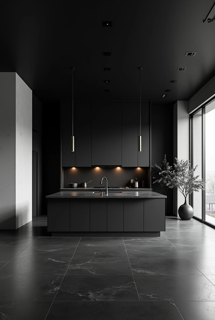 Black floor、black ceiling、Black island kitchen、Gray Wall、Everything except the kitchen is flooring and white walls.