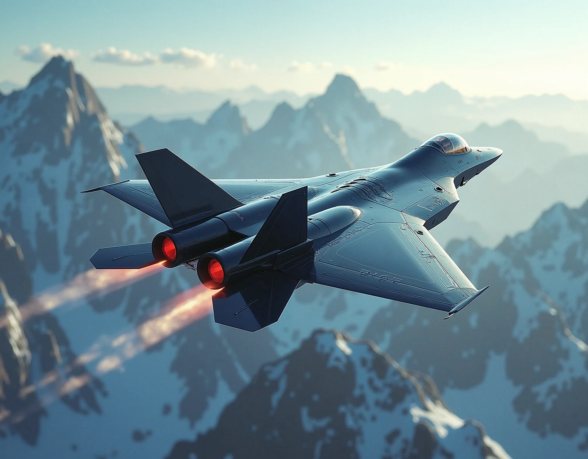 a highly detailed and realistic stealth fighter jet soaring through the sky, ultra-detailed aircraft with precision engineering, intricate paneling and rivets, complex engine exhaust, sleek and stealthy design, flying over a dramatic landscape with craggy mountains, powerful and imposing presence, incredible sense of speed and motion, cinematic lighting and atmosphere, masterfully rendered in a photorealistic style, 4k, 8k, extremely detailed description