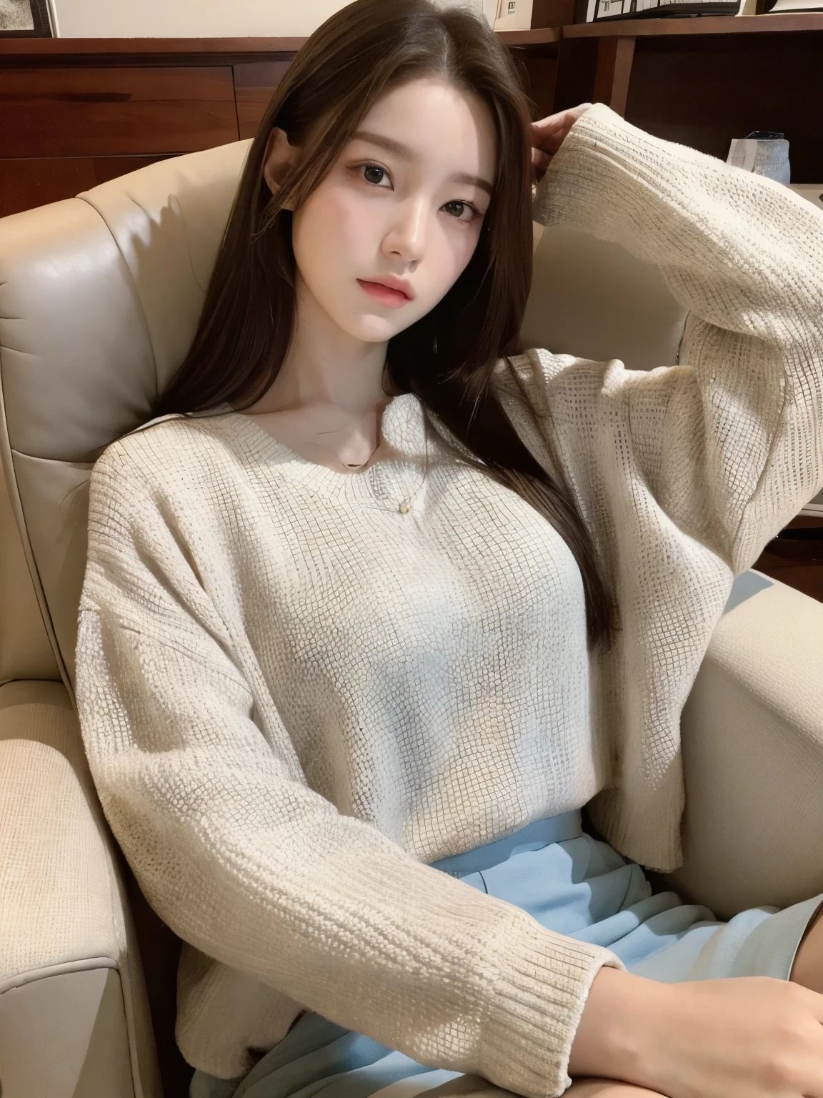 （Lifelike， A high resolution：1.3）， 1 girl，sitting in a chair, studying, super fine face and eyes，long whit hair,