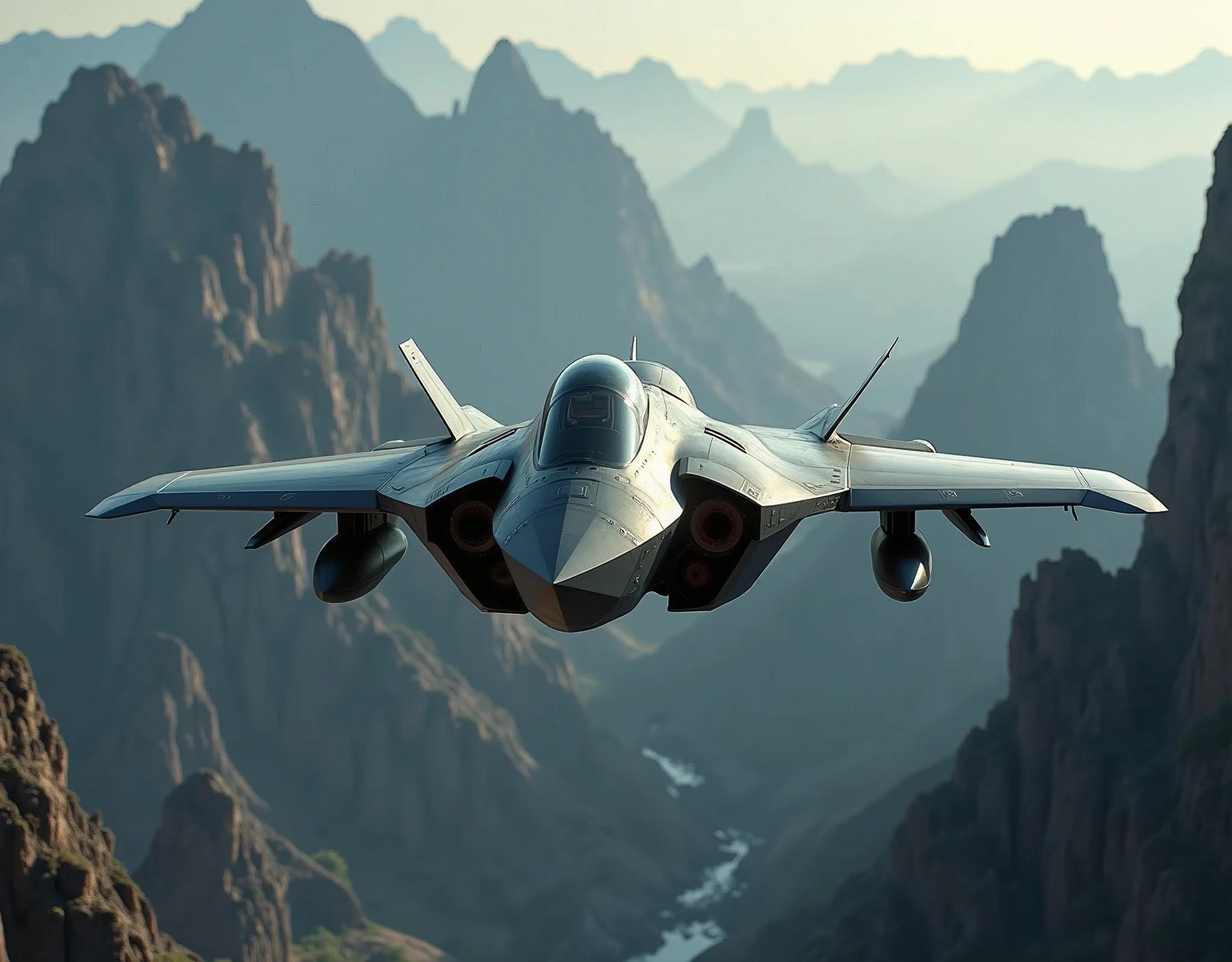 a highly detailed and realistic stealth fighter jet soaring through the sky, ultra-detailed aircraft with precision engineering, intricate paneling and rivets, complex engine exhaust, sleek and stealthy design, flying over a dramatic landscape with craggy mountains, powerful and imposing presence, incredible sense of speed and motion, cinematic lighting and atmosphere, masterfully rendered in a photorealistic style, 4k, 8k, extremely detailed description