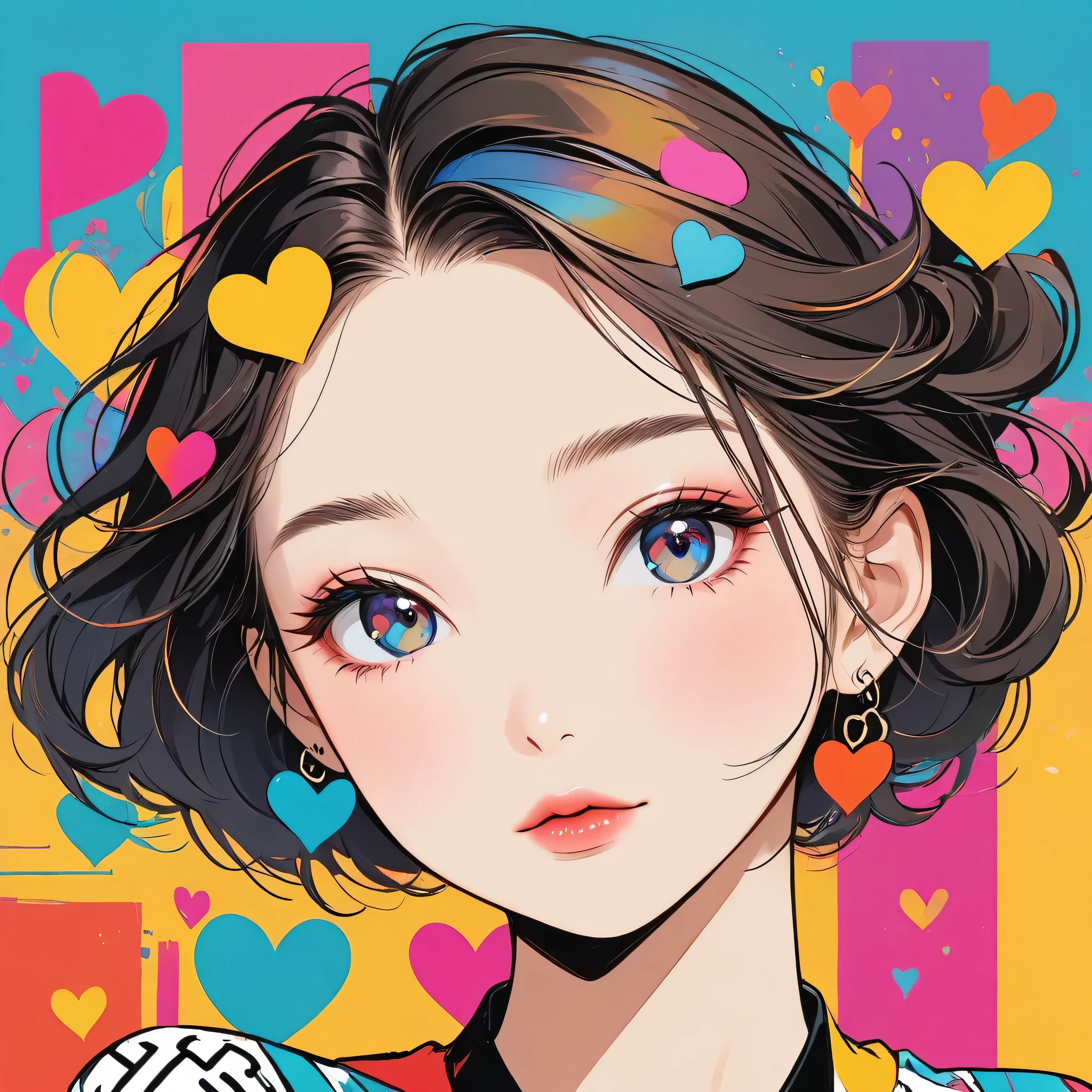 Keith Haring colorful style, Simple Line Initialism,Abstract art,Urban Background, (((The most beautiful girl of all time))), Sweet face. Lips in love, colorful hearts, stylish design, (((黒い瞳)))