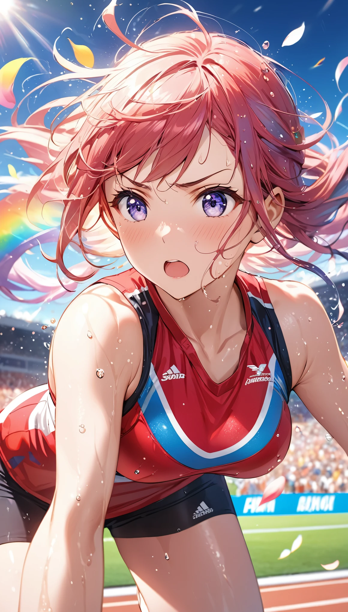 (Sports magazine cover photo), Highest quality, Great quality, 16K, Unbelievably absurd, Very detailed, delicate and dynamic, Natural light, The particles reflect light, Diffuse reflection of light, Many rainbow-colored petals fall, Beautiful truck studium, Sparkling Sun, Diffuse reflection of light, Create amazing image effects, , Wet, sweating, high jump competition, Close-up(Cute sexy girl, big bouncing busts, Sensual expression, Cool girl, Serious, passion, Dynamic, Flashy track and field uniform, audience , much-air-laden cheer)