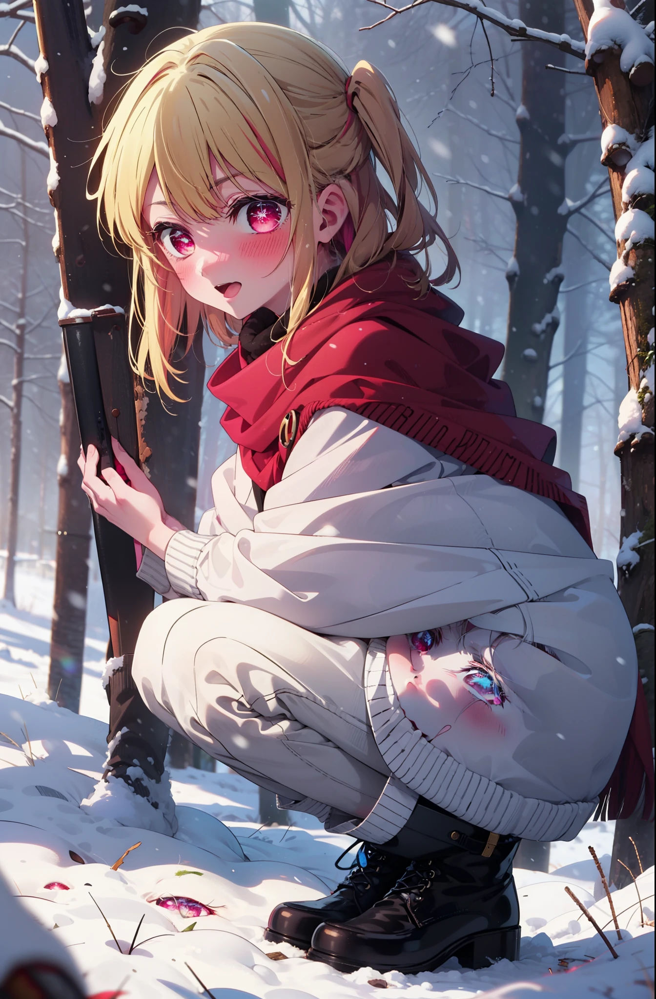 rubyhoshino, Hoshino Ruby, Long Hair, bangs, Blonde, (Pink Eyes:1.3), (Symbol-shaped pupil:1.5), Multicolored Hair, Two-tone hair, smile,blush,white breath,
Open your mouth,snow,Ground bonfire, Outdoor, boots, snowing, From the side, wood, suitcase, Cape, Blurred, , forest, White handbag, nature,  Squat, Mouth closed, Cape, winter, Written boundary depth, Black shoes, red Cape break looking at viewer, Upper Body, whole body, break Outdoor, forest, nature, break (masterpiece:1.2), Highest quality, High resolution, unity 8k wallpaper, (shape:0.8), (Beautiful and beautiful eyes:1.6), Highly detailed face, Perfect lighting, Highly detailed CG, (Perfect hands, Perfect Anatomy),