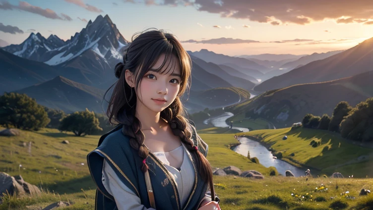 (8k, RAW photo, best quality, masterpiece), (photorealistic), outstanding details, ultra-high resolution, anatomically correct, textured skin, (Extremely precise and accurate anatomy),
Ultra Detailed Face, Detailed Eyes,
look at viewer,
(close shot, long shot mix and match:1.2),
One girl, (shepherd girl) , Cute Japanese girl , 20-year-old,
(light smile), (Mouth slightly open) , holding a Shepherd's Crook,
Side braids, Brown Hair,
curvy, beautiful breasts,
(Hilly pasture), many sheep, Beautiful mountains in the distance, grassland, wilderness,
Background blur, far and near method,
morning sun, (backlighting),
reflection light from below,
atmospheric perspective, depth of field,
(dramatic lighting), cinematic lighting,
Artistic, Baroque, Cinematography,