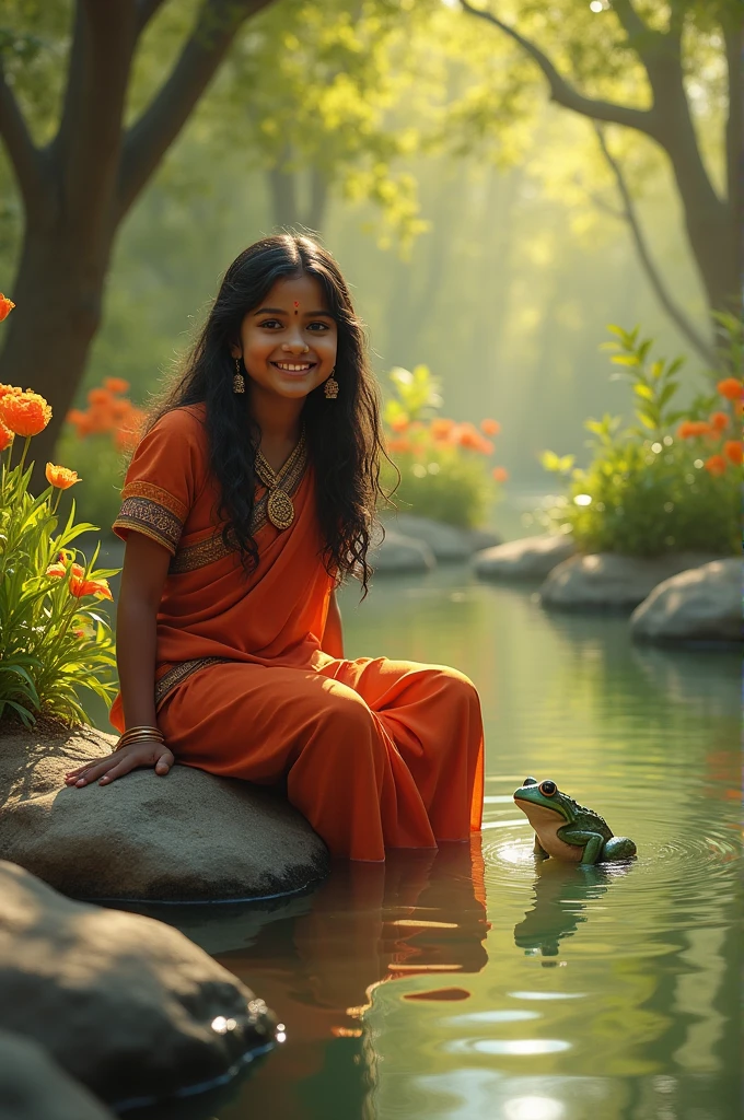 Indian young girl happily sitting,legs in water,in a pond,in pond stone there is frog sitting, create beautiful realistic image in warm tone.