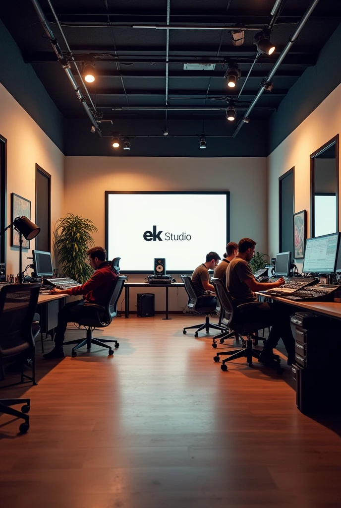 A music studio with light setups and Situp Chairs and Ek studio Is written on a Board