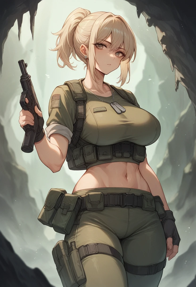 light blond ponytail, tactical military vest, navel, dog tag, tight pants, large breasts, late twenties age, cave