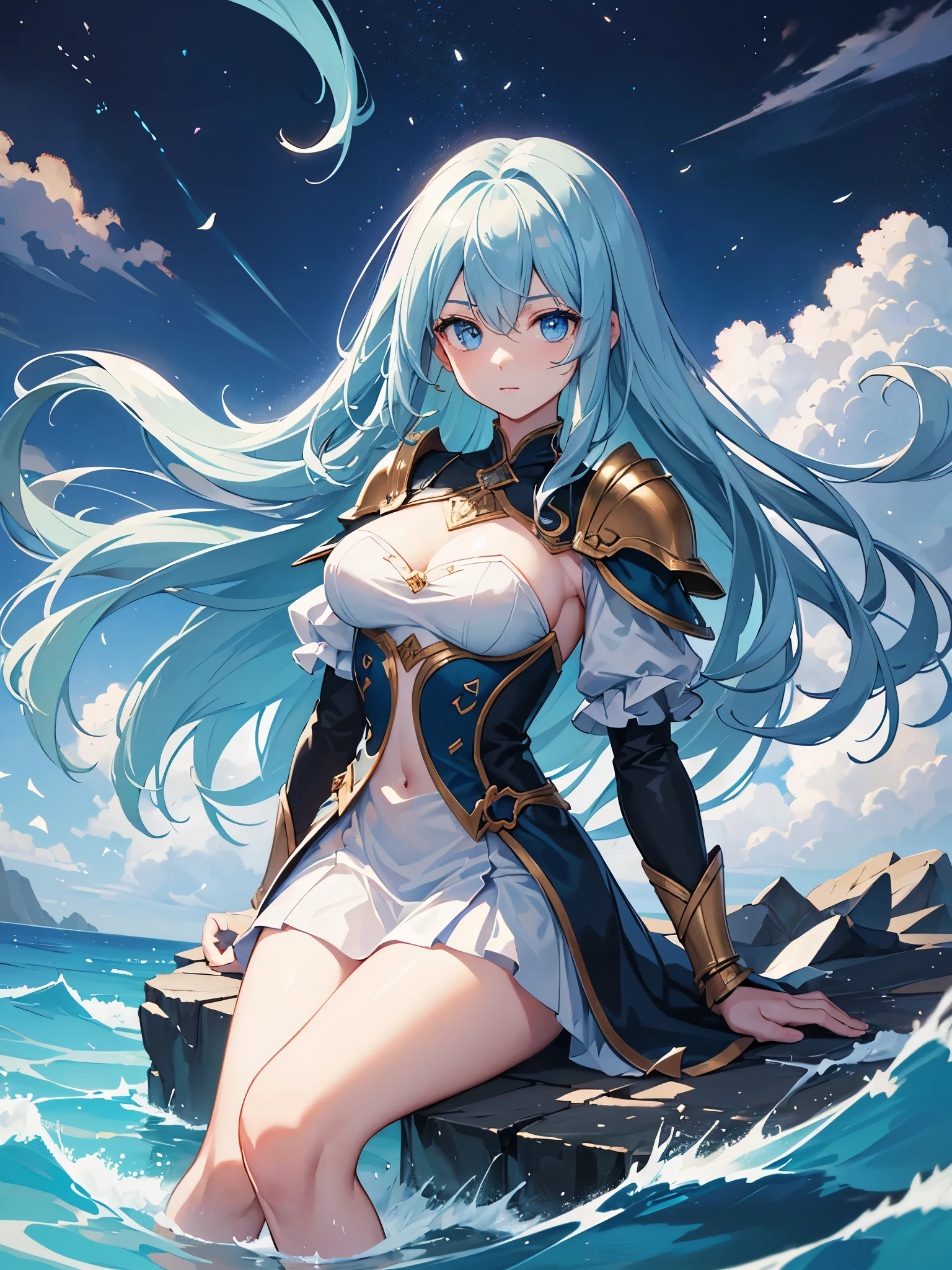 (ultra detali:1.2, work of art:1.2, best qualityer:1.4, high resolution:1.2), war zone background, Scenario, raining, 1 girl, , chestnut hair, hypdertailed, Armor clothing, breastplate, dirty faced, blood spots, dark sky, queen zeal, chrono trigger, island background in the sky, Floating island scenery, raining, 1 girl, , hair blue, hypdertailed, goddess clothes, perfect eyes, Blue eyes