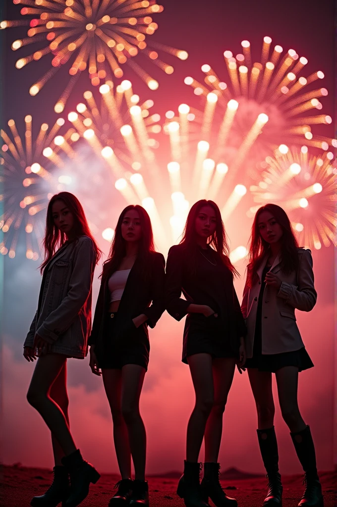 I'm taking photos for a new concept album. Create a girl group concept photo with fireworks