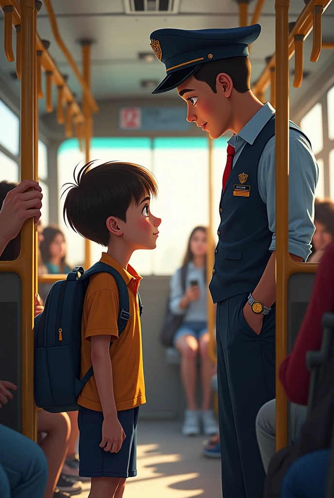 A boy talking to the bus conductor