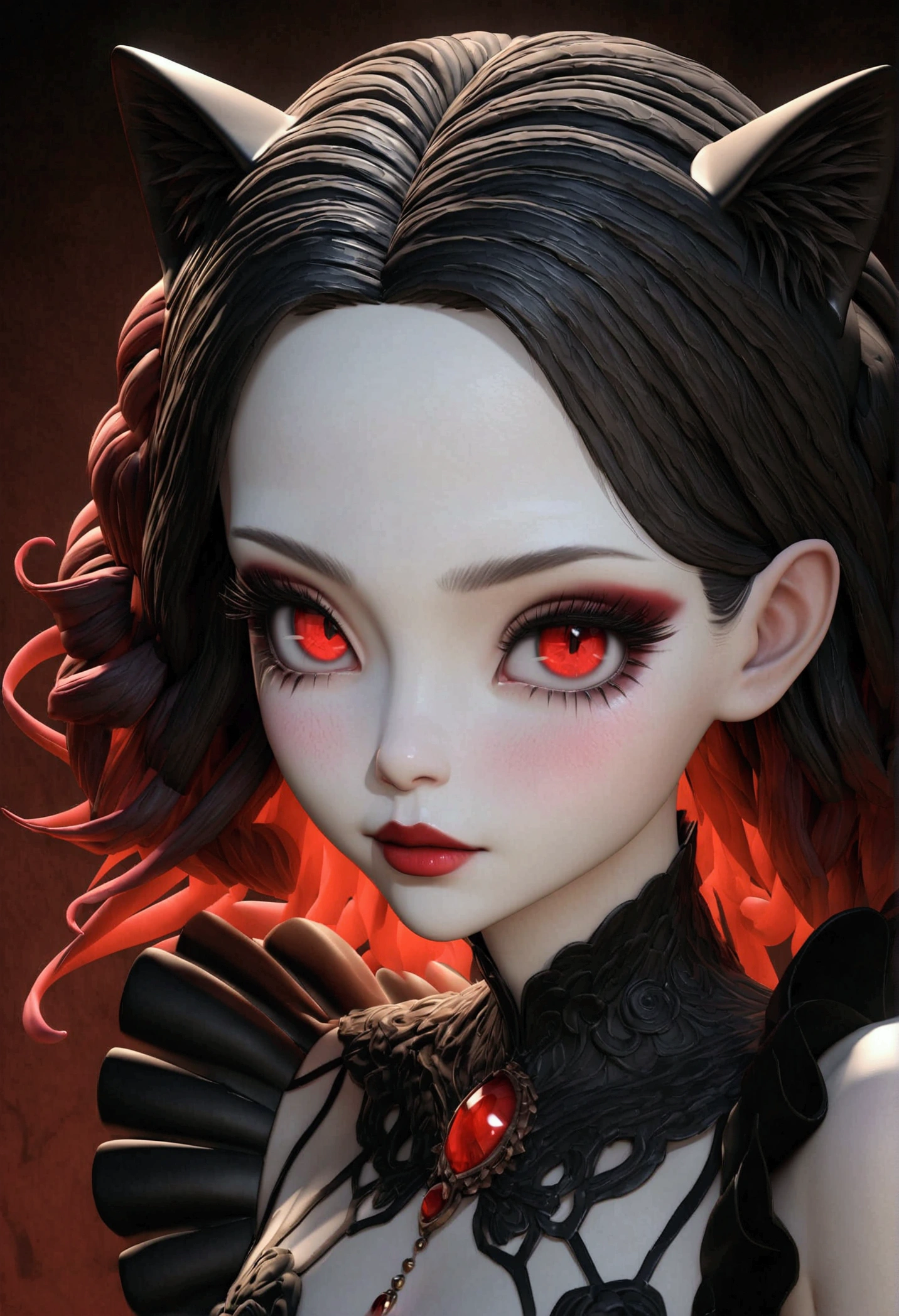 Face of a porcelain girl Nina cat sexy , with extremely heavy makeup, ghostly, vermelho cereja neon lipstick, big, round, sorrindo de antes lindos shiny mel neon Rinnegan eyes huge eyelashes, simple, soft, dreamlike brilhante yellow black red neon repicado fios por fios hair background, surrealism, intricate details, 3D rendering, octane rendering. Nicoletta Ceccoli style. Close-up. Masterpiece of the best quality, ultra-hd 32k.