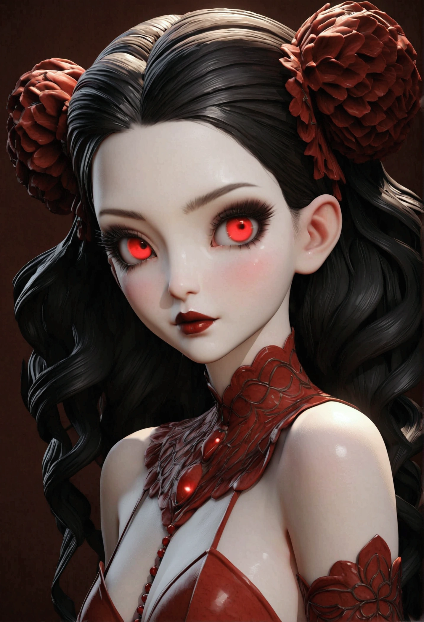 Face of a porcelain girl Nina cat sexy , with extremely heavy makeup, ghostly, vermelho cereja neon lipstick, big, round, sorrindo de antes lindos shiny mel neon Rinnegan eyes huge eyelashes, simple, soft, dreamlike brilhante yellow black red neon repicado fios por fios hair background, surrealism, intricate details, 3D rendering, octane rendering. Nicoletta Ceccoli style. Close-up. Masterpiece of the best quality, ultra-hd 32k.