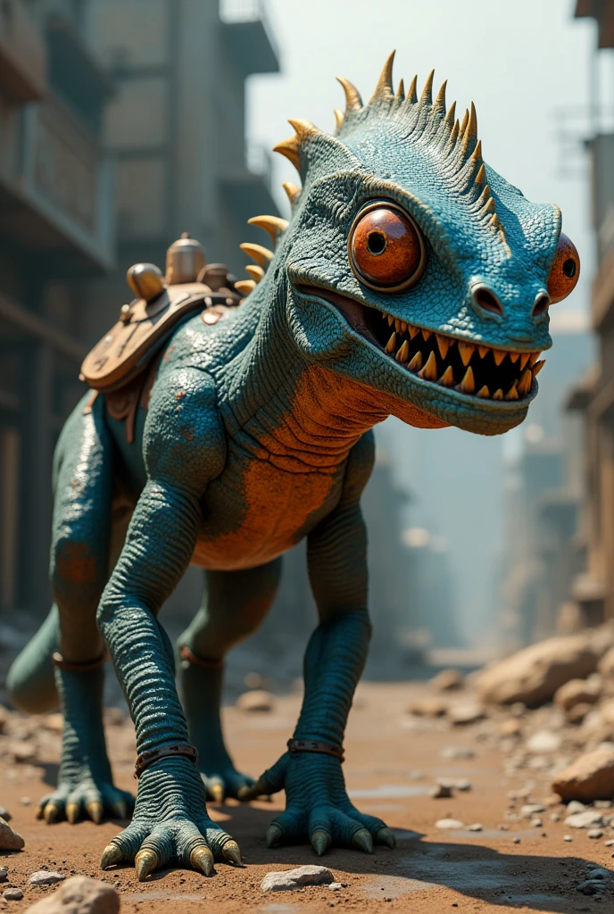 En photo réalisme. Dans l'univers du jeu vidéo  Fallout 3. A mix between a Flayer and a Chameleon. It's a mount. Il marche à quattre pattes et a une belle selle sur le dos mais pas de cavalier. he is two meters tall he is fast and agile.
Il a des yeux globuleux, des dents pointues mais reste très mignon.
Its scaly skin is dark blue and orange around the eyes with a few touches of gold. It is very beautiful. 
Maintenant je veux la version adulte 