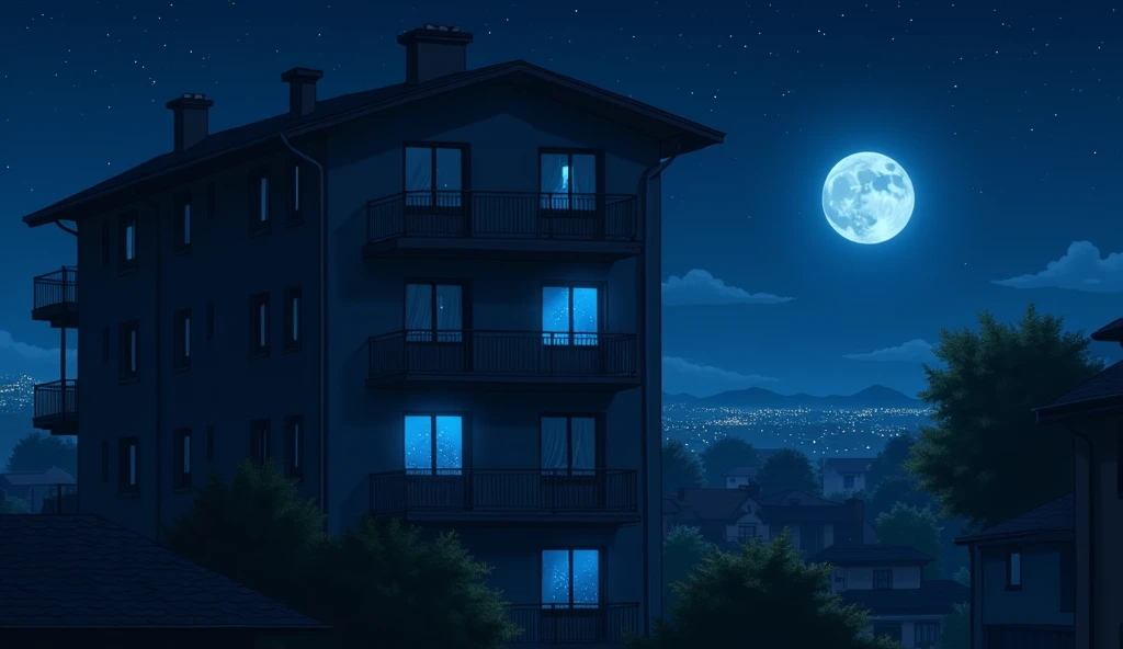 A four-story apartment building,Residential Street,City,midnight,Starry Sky,moon,a single window with a blue light on,The other windows are dark.,Anime Style, Drone photography,High resolution, Anti-aliasing