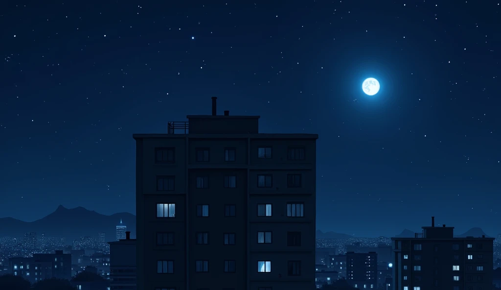 A four-story apartment building,Residential Street,City,midnight,Starry Sky,moon,a single window with a blue light on,The other windows are dark.,Anime Style, Drone photography,High resolution, Anti-aliasing